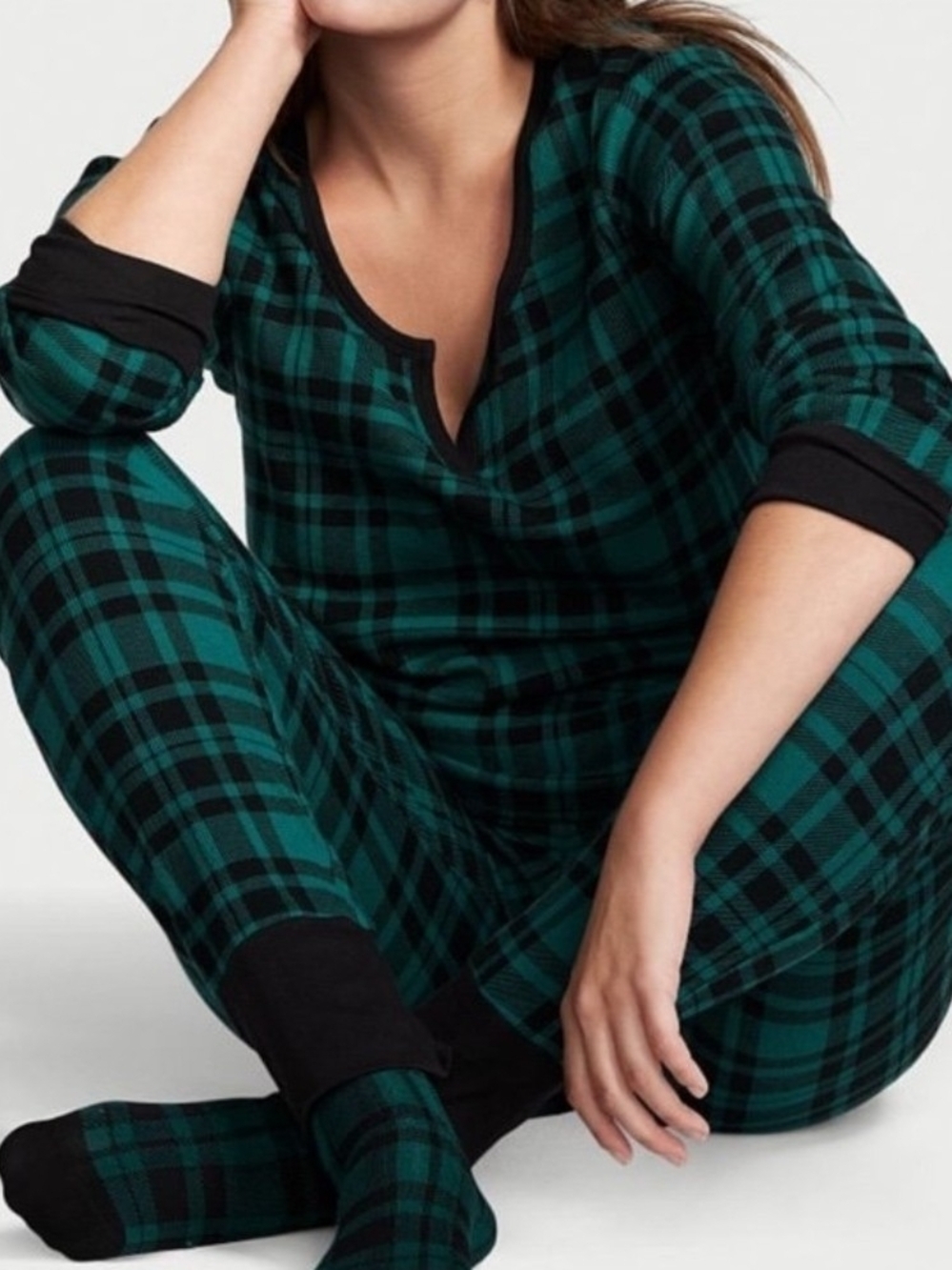 Victoria Secret Plaid Teal and Black  Thermal PJ Set - L/Sleeve Top & Pants- Sm